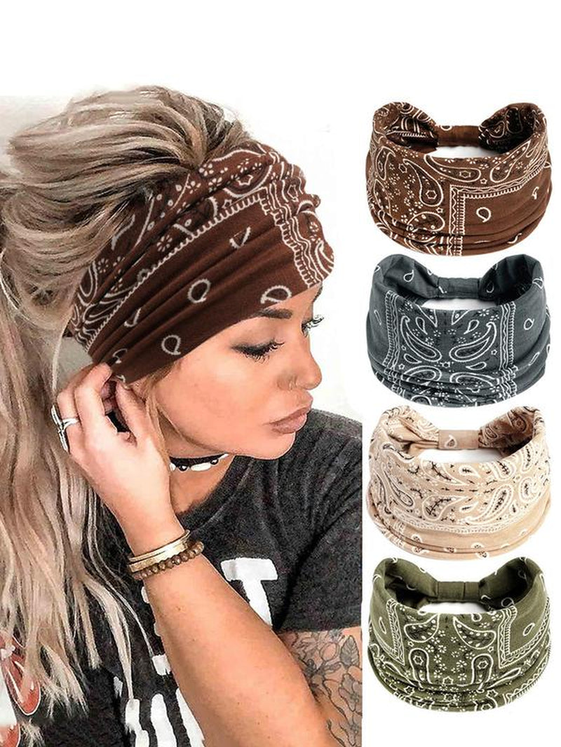 Paisley Print Sports Hair Band, Breathable Wide-Brimmed Hair Band for Yoga Gym Workout Tennis Pickleball, 4 Counts Summer Back to School Sweat Absorbing Hair Band for Women & Girls, Fall Outfits, Fallfreshness