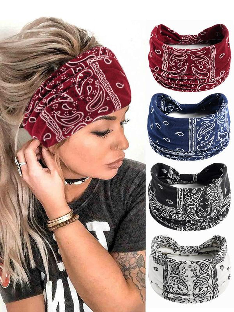 Paisley Print Sports Hair Band, Breathable Wide-Brimmed Hair Band for Yoga Gym Workout Tennis Pickleball, 4 Counts Summer Back to School Sweat Absorbing Hair Band for Women & Girls, Fall Outfits, Fallfreshness