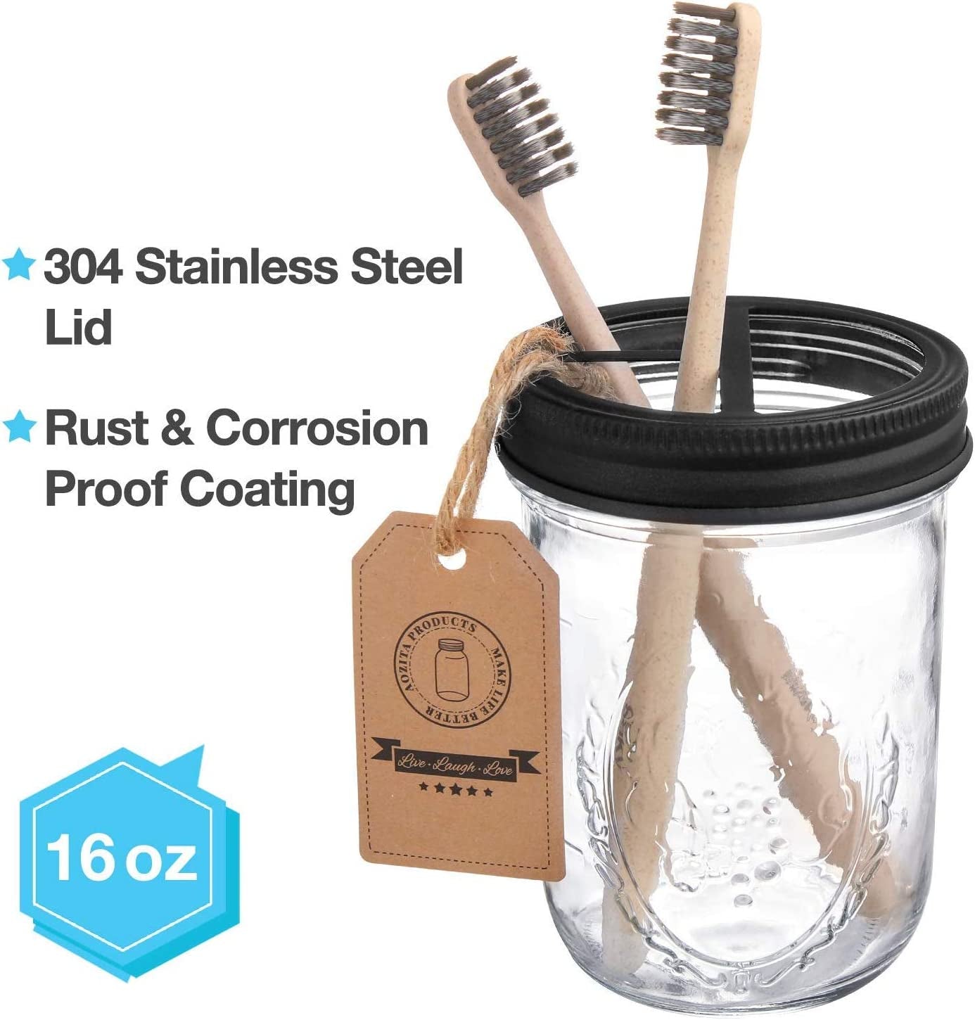 5 Pcs Mason Jar Bathroom Accessories Set - Mason Jar Soap Dispenser & 2 Apothecary Jars & Toothbrush Holder &Ceramic Drain Soap Dish - Rustic Farmhouse Restroom Bathroom Home Decor Clearance, Black