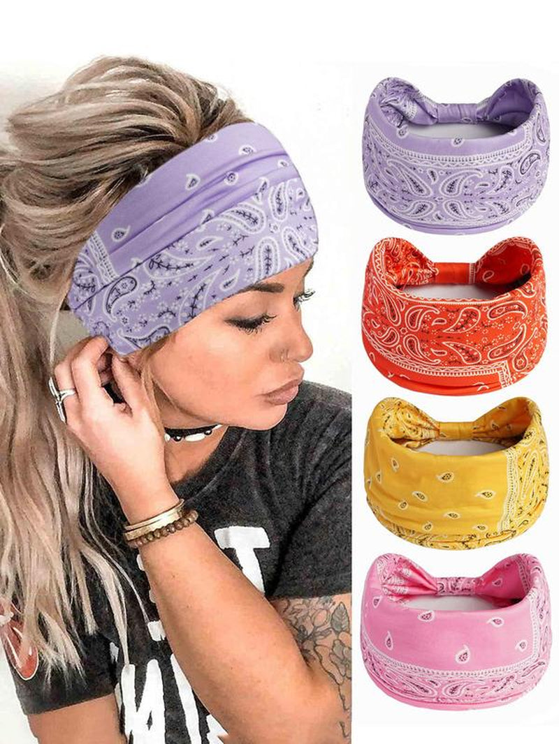 Paisley Print Sports Hair Band, Breathable Wide-Brimmed Hair Band for Yoga Gym Workout Tennis Pickleball, 4 Counts Summer Back to School Sweat Absorbing Hair Band for Women & Girls, Fall Outfits, Fallfreshness