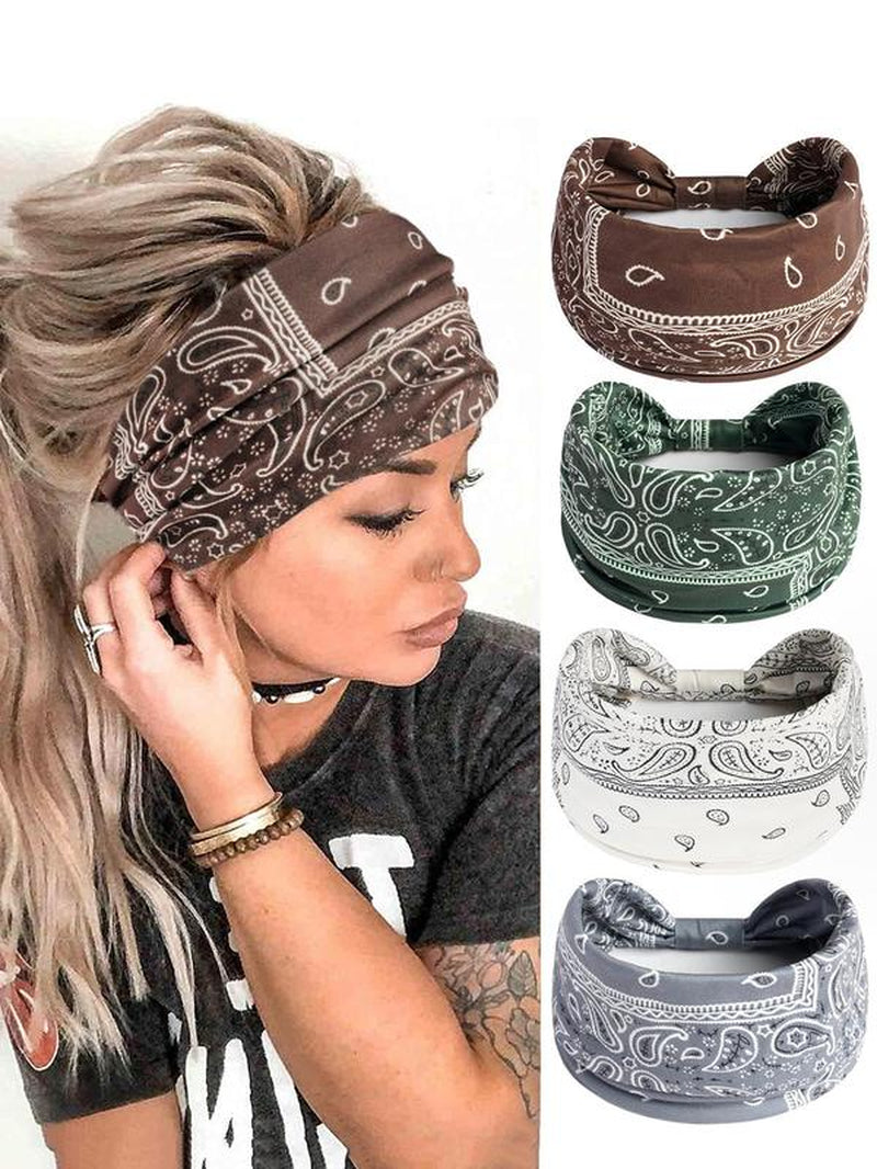 Paisley Print Sports Hair Band, Breathable Wide-Brimmed Hair Band for Yoga Gym Workout Tennis Pickleball, 4 Counts Summer Back to School Sweat Absorbing Hair Band for Women & Girls, Fall Outfits, Fallfreshness